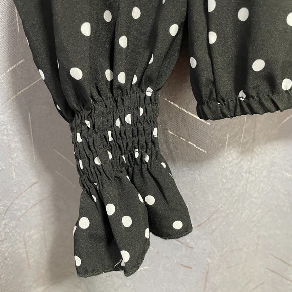 SUVIMUGA Black & White Polka Dot Asymmetrical Blouse with Ruched Sleeves - O/S - Picture 2 of 6
